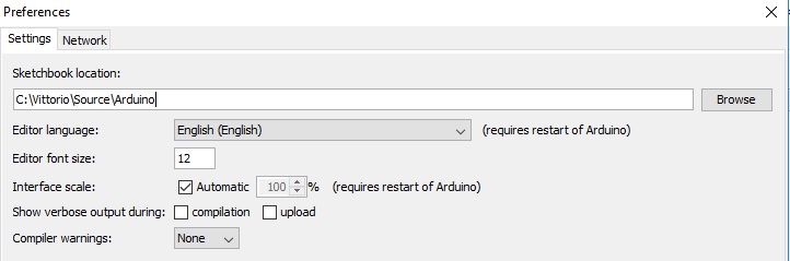 Preferences menu of the arduino dev environment