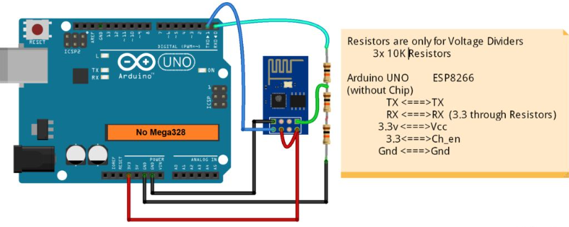 How to connect an ESP8266 to an Arduino board using a voltage divider component