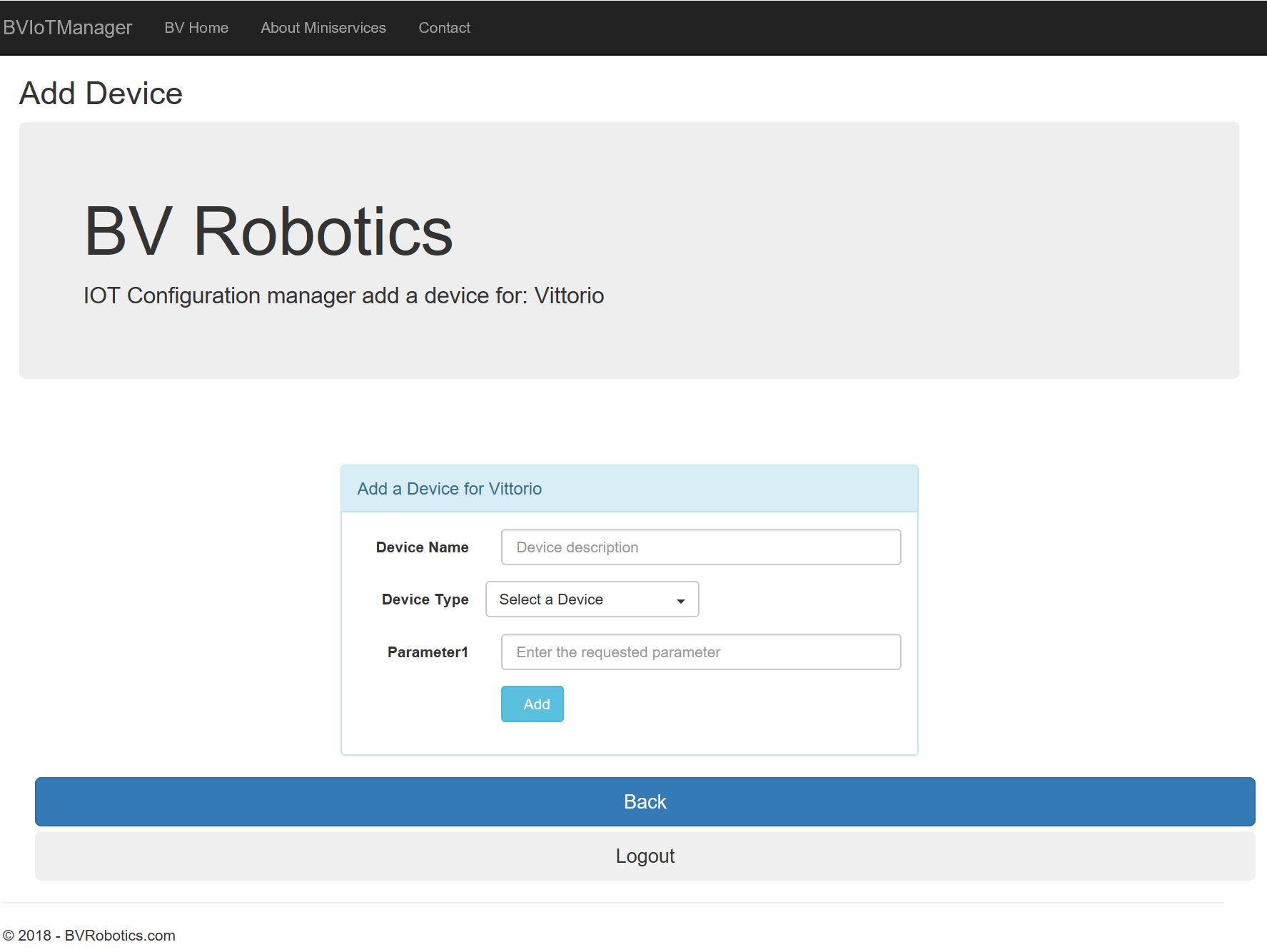 'Add a Device' button in miniservice BVioTManager web-app. It is used to add a device in the infrastructure