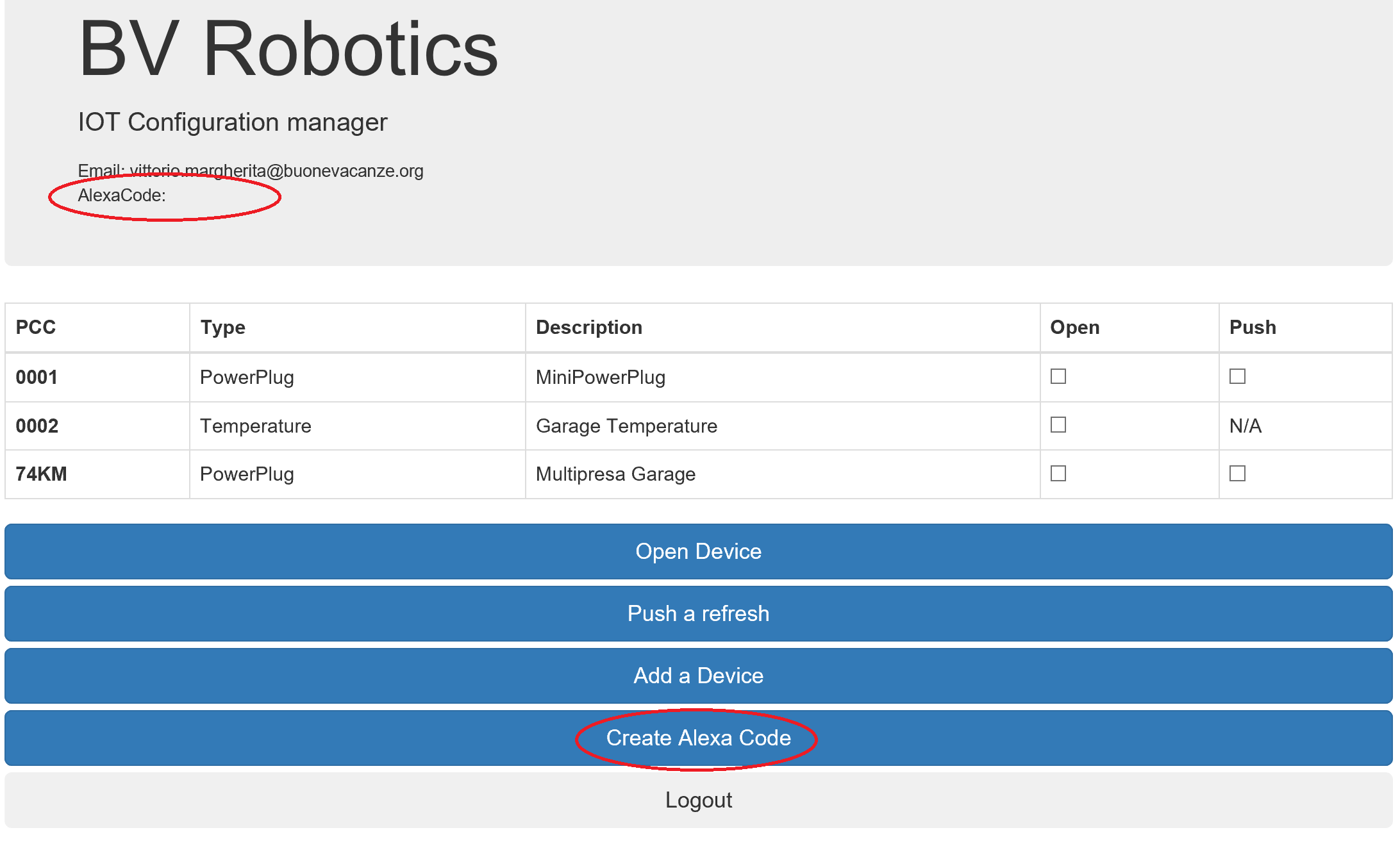 The main page of the BVIoTManager web app with some buttons and fields evidenced to indicate how to create an Alexa UID
