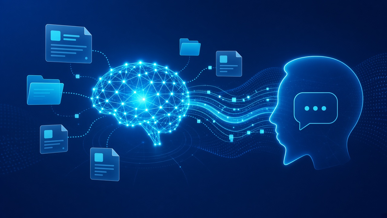 Abstract illustration of an AI knowledge base feeding context into a conversation