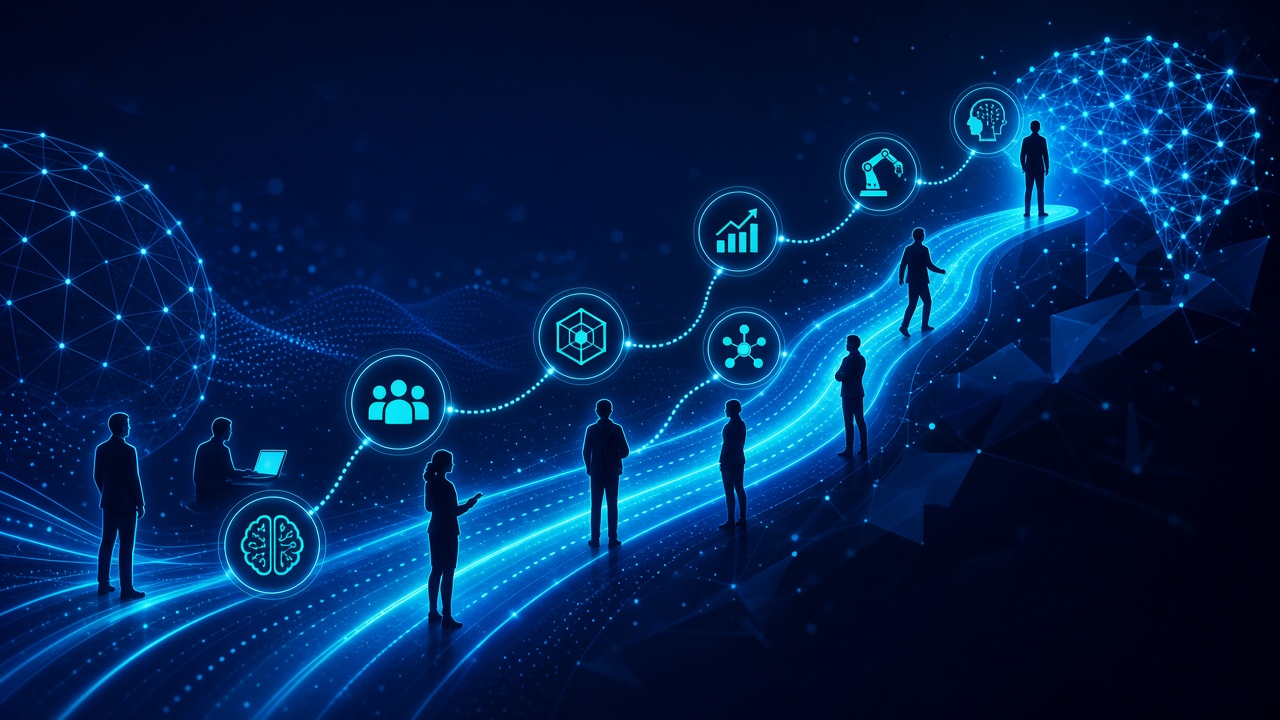 Ten professional roles shaped by the AI revolution, illustrated with glowing digital icons representing future careers