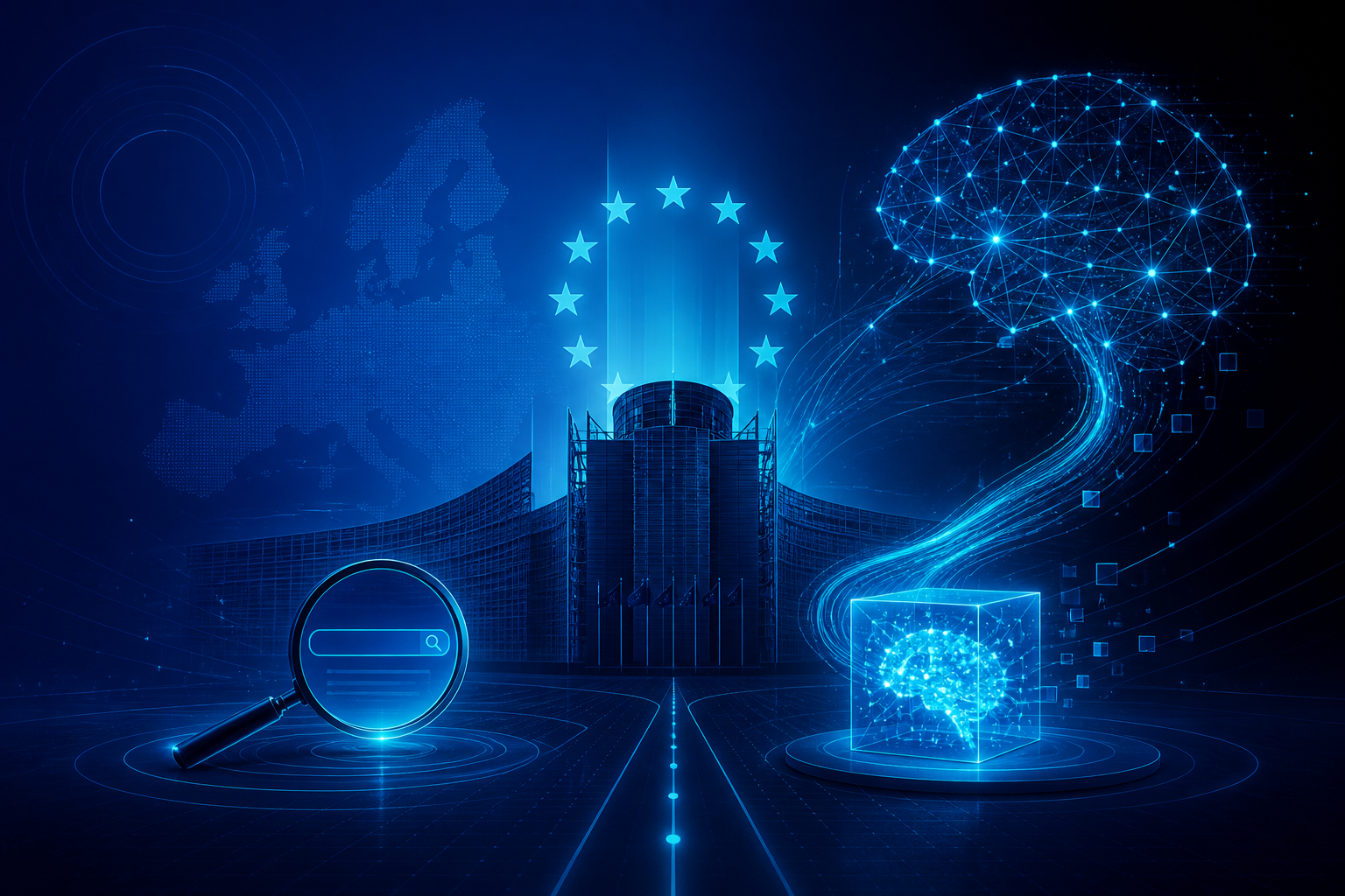 European Commission building with AI and regulation concept art