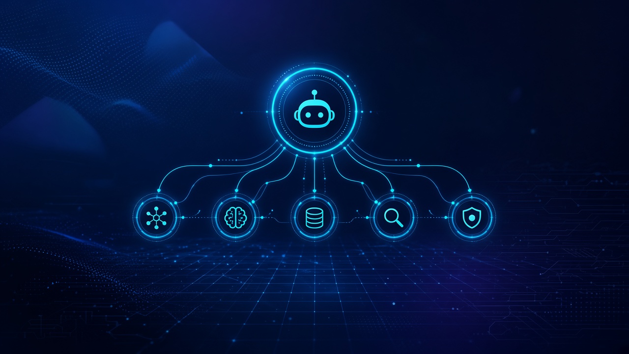 Illustration of an AI organizational hierarchy showing a manager bot coordinating several specialist bots communicating with each other