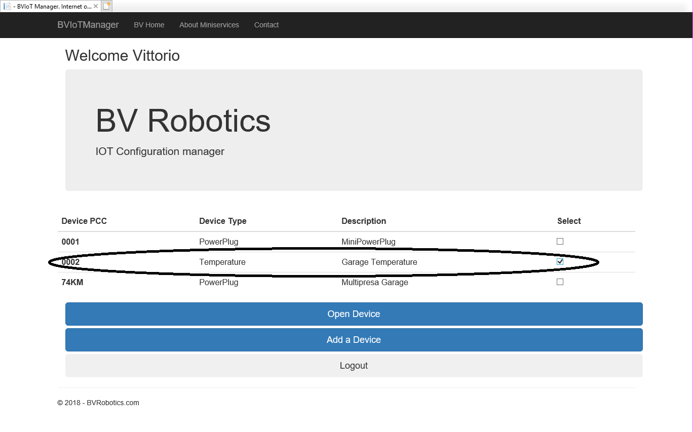 BVIoTManager web application select a temperature device